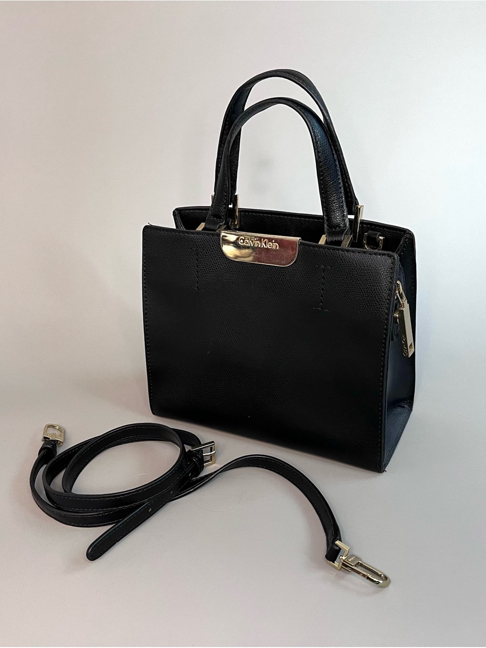 Calvin Klein Black Leather Structured Satchel with Gold Accents